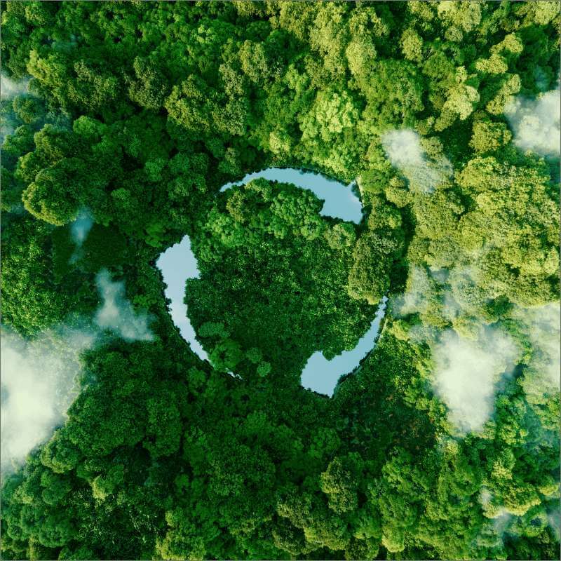 Foresta verde con un lago circolare al centro e nuvole sopra.